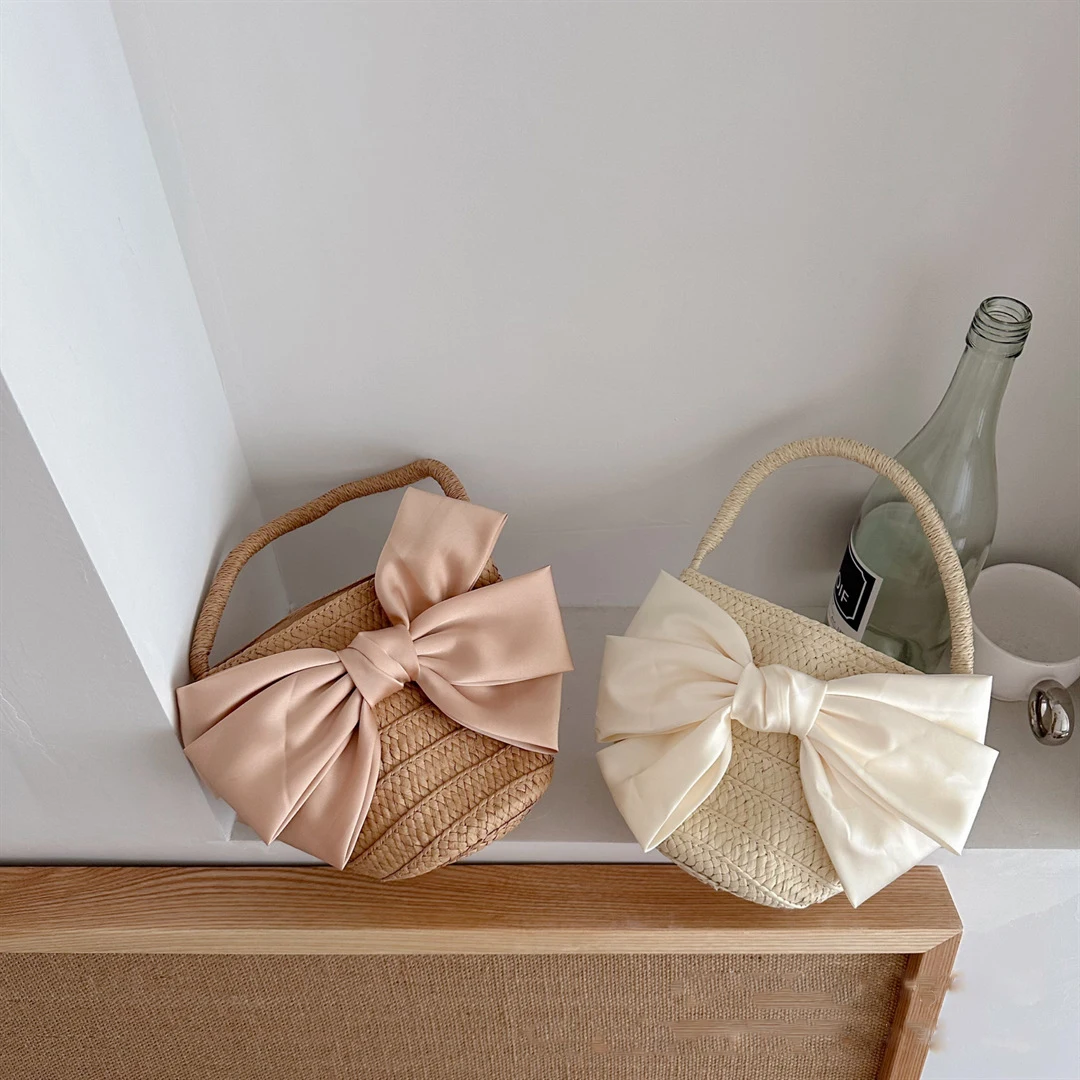 

New Simple Small Children Handbag Wheat Straw Bags With Large Satin Bowknot Bag Girls Mini Bags Beach Bag Storage Pocket