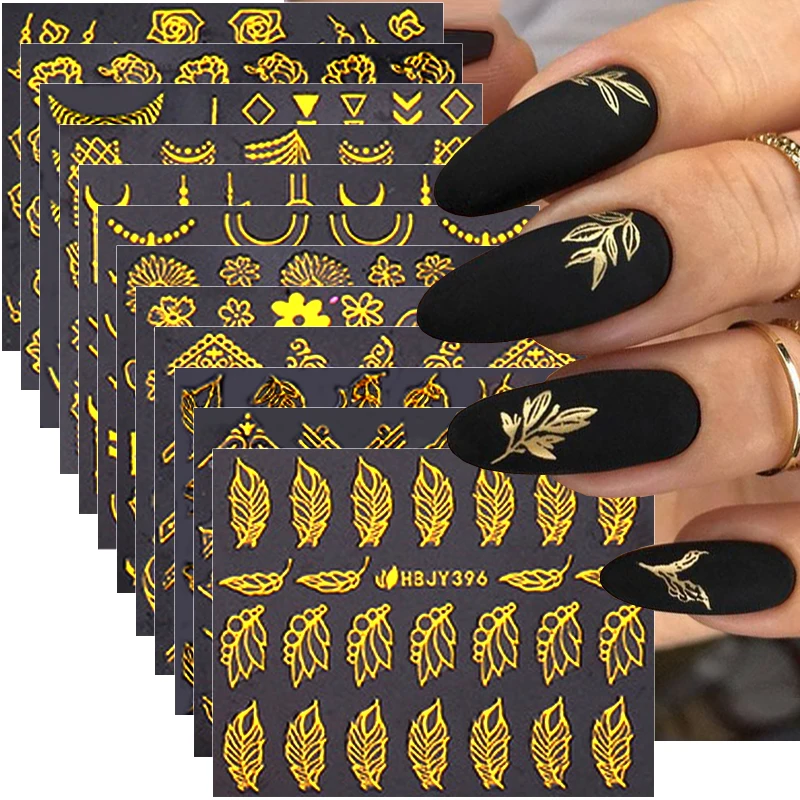 

12pcs 3D Nail Stickers Gold Flower Leaf Lace Design Geometry Line Nail Decals Manicure Sliders Design Nail Art Decorations