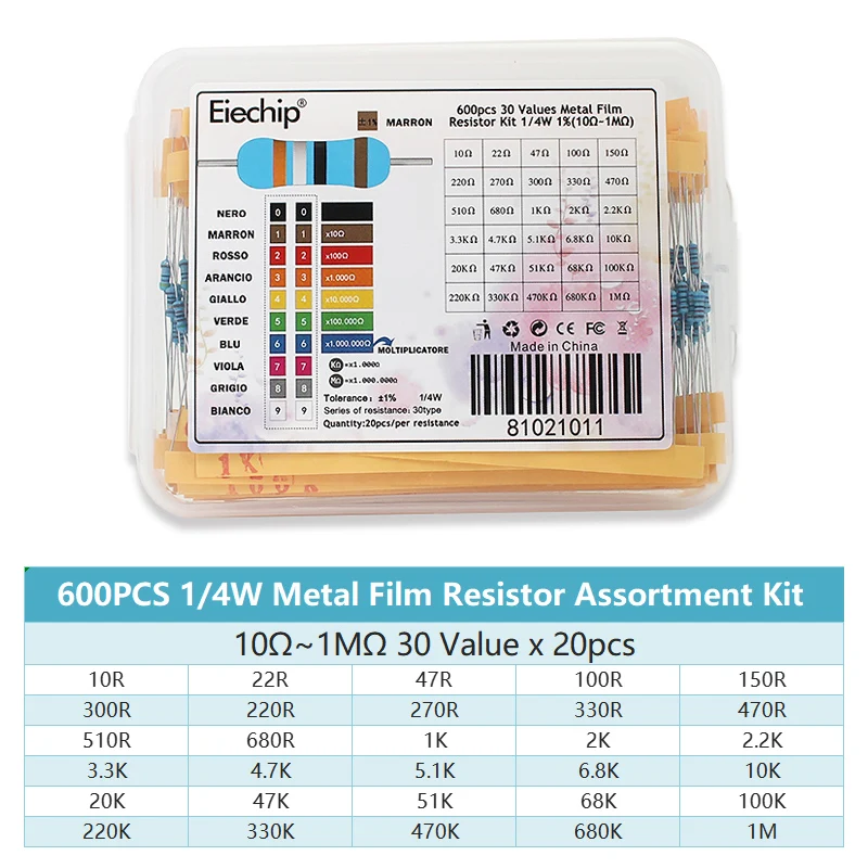 300/600PCS 1/4W Metal Film Resistor Kit Resistance 1% 30 values 10 Ohm ~1M 0.25w Resistors Set 3