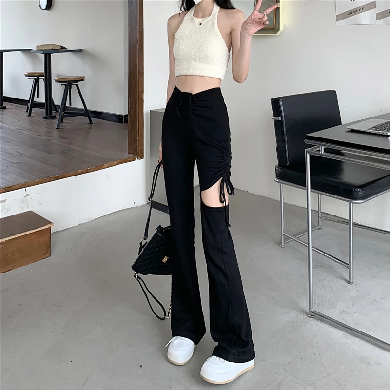 

2022 Summer New Drawstring Ripped Wide Leg Casual Pants Women High Waist Micro Flared Trousers Loose and ThinCasualPantsBoutique