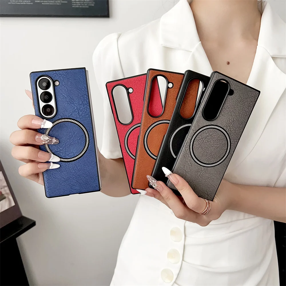 Étui de protection magnétique en cuir de luxe pour téléphone Samsung Z Fold 6 4 5 5G Fold6 pour chargement sans fil Magsafe Coque arrière mate_voghion.com
