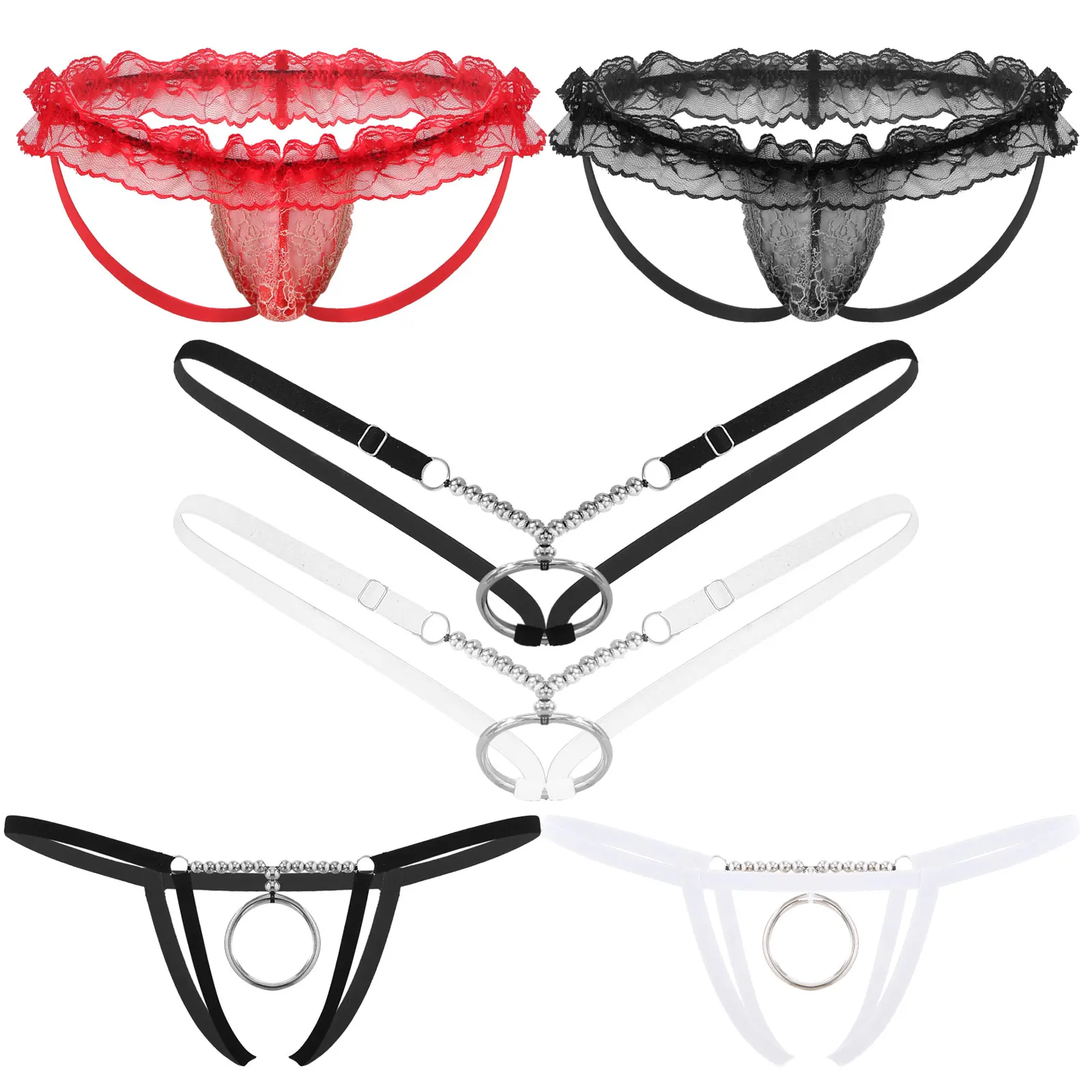 Men's Bikini G-string Hollow Out Erotic Underwear Briefs Lingerie Harness Belt Strap Elastic Band Clubwear O Ring Thong Briefs