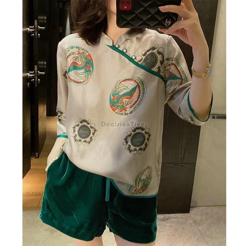 

2024 китайский этнический Топ qipao с принтом Феникса, винтажная литература, искусство, повседневный элегантный топ, жемчужная пуговица, парчовая женская блузка