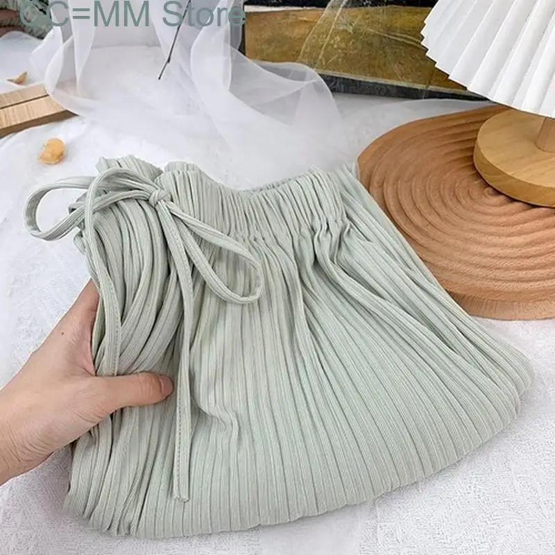 New Drawstring Stripe Wide Leg Pants Women Summer Ankle Length Bottom Elastic High Waist Knitted Folds Casual Pants