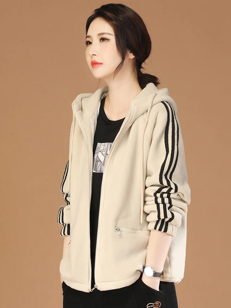 

HCXR Women Jacket 2023 Winter Korean Style Polar Fleece Hooded Long Sleeve Splicing Coat Causal Loose Thick Warm Outerwear