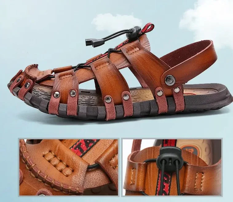 Man Casual Closed Toe Sandaler Läder Herr Promenader Utomhus Sandaler Sommar Strandskor Bekväma halkfria_voghion.com