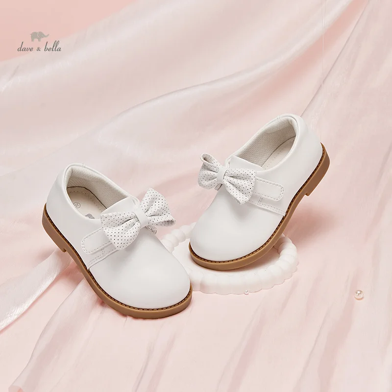 

Dave Bella Girls Leather Shoes 2024 Spring New Children Shoes White Bow Princess Non-slip Sole Flat Kids Shoes DB1240206