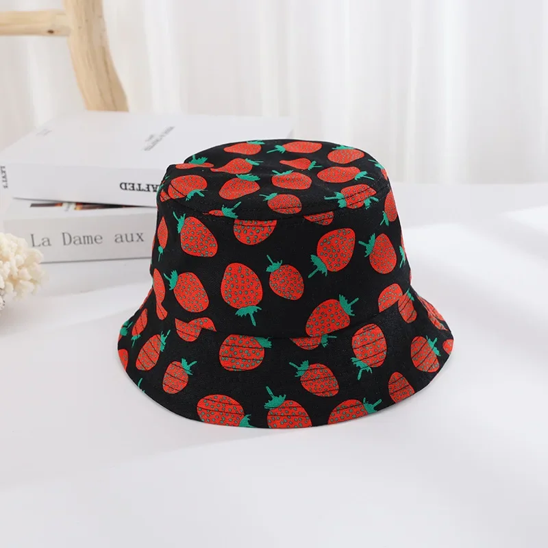 Childen Summer Bucket Hat Cute Strawberry Pattern Brim UV Protection Fisherman 2-8Years Baby Girls Boys Kids Panama