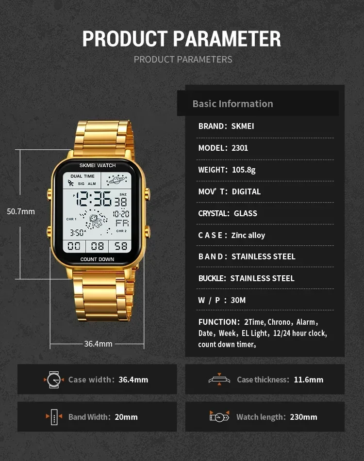 SKMEI 2301 Digital Watches for Men Luxury Waterproof Sports Stainless Steel Shockproof Mens Wristwatches Clock 1888 Reloj Hombre