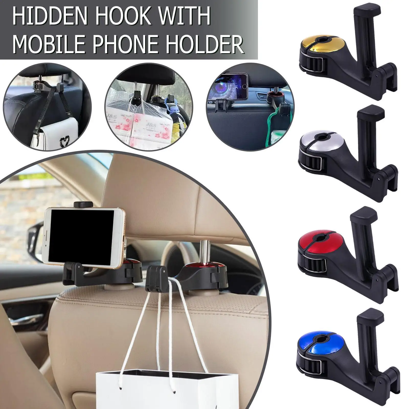 2 In 1 Car Gadget Car Back Seat Hanger Hook Organizer Car Headrest Hook  with Phone Holder for Handbag Car 2 Interior Accessories - AliExpress