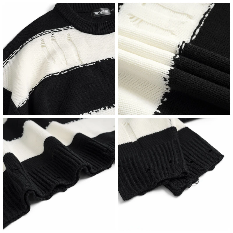 Harajuku Striped Colorblock Sweaters Hip Hop Destroyed Ripped Knitwears Men Hole Knitted Jumpers for Women Baggy Pullovers