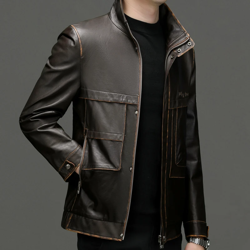 

2024-Autumn and Winter New Fashion Men's Business Casual Solid Color British Fashion Trend Leather Lapel Jacket Sheepskin Coat