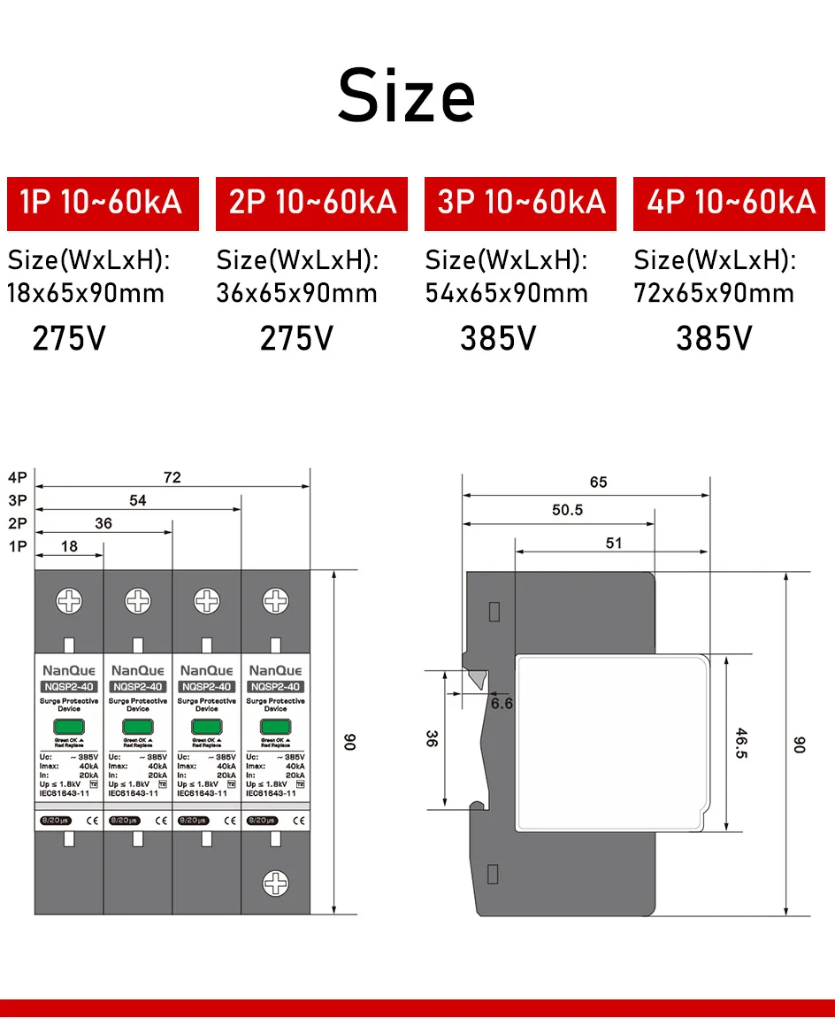 Ac spd ac275v 385v überspannung schutz 1p 2p 3p 4p 20ka 40ka 60ka Blitz ableiter einzelne dreiphasige Haushalt Boden protecti – Detail 4