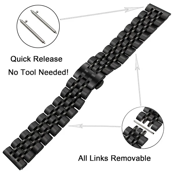 Premium 22mm Stainless Steel Smartwatch Strap - Metal Bracelet Band Wristband Belt