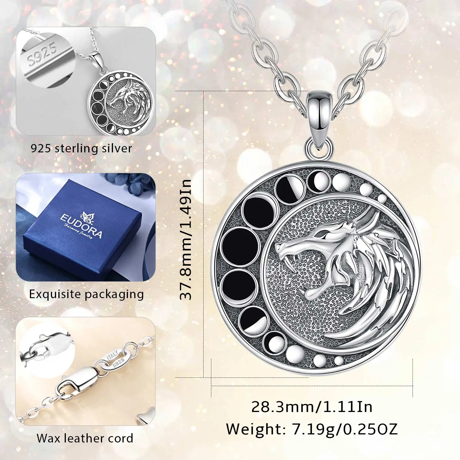 Eudora 925 Sterling Silver Moon Wolf Necklace for Men Women Vintage Moon Phase Amulet Pendant Personality Jewelry Party Gift