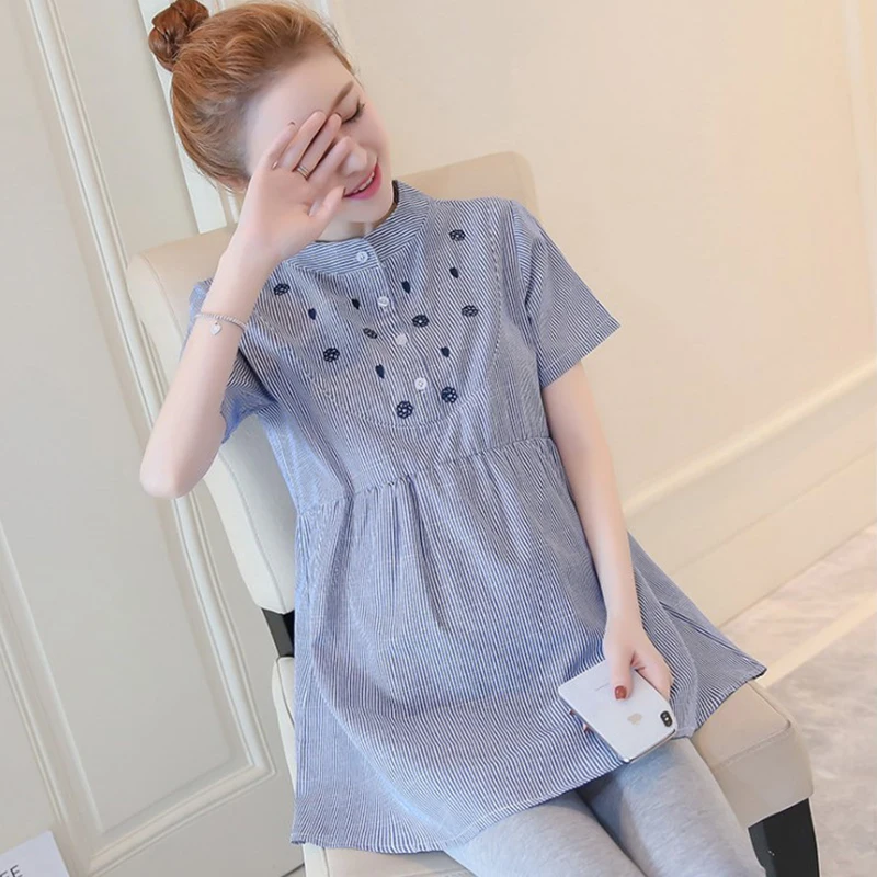 embroidery maternity clothes spring autumn pregnant women blouses long sleeve tops shirts dresses pregnancy clothings plus size New Embroidery Striped Ties Waist Maternity Blouses 2023 Summer Fashion Shirts Clothes for Pregnant Women Pregnancy Tops