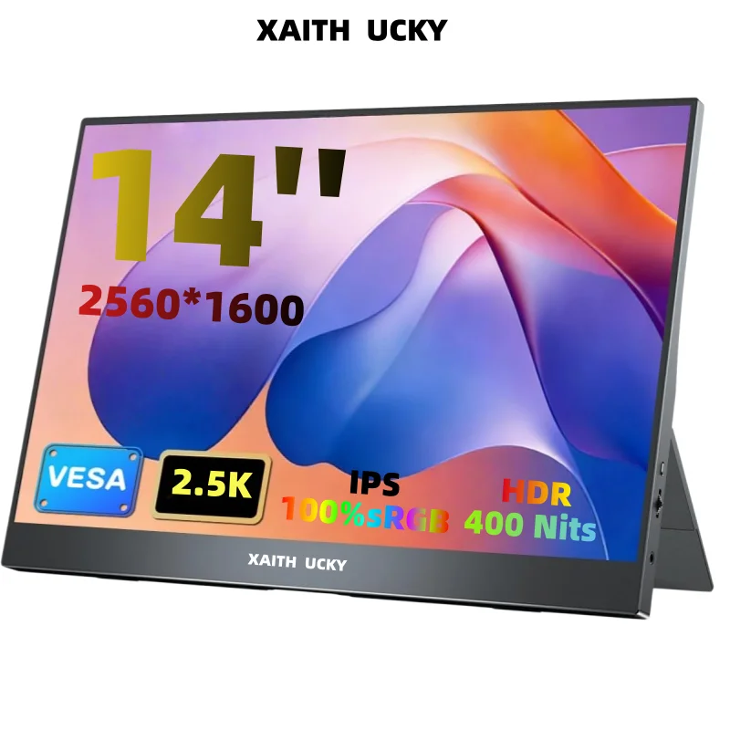 XAITHUCKY 14인치 2.5K 휴대용 모니터, 2560x1600 QHD IPS, 100% sRGB, USB-C HDMI, 내장 스탠드 및 스피커, VESA 마운트, 아이케어
