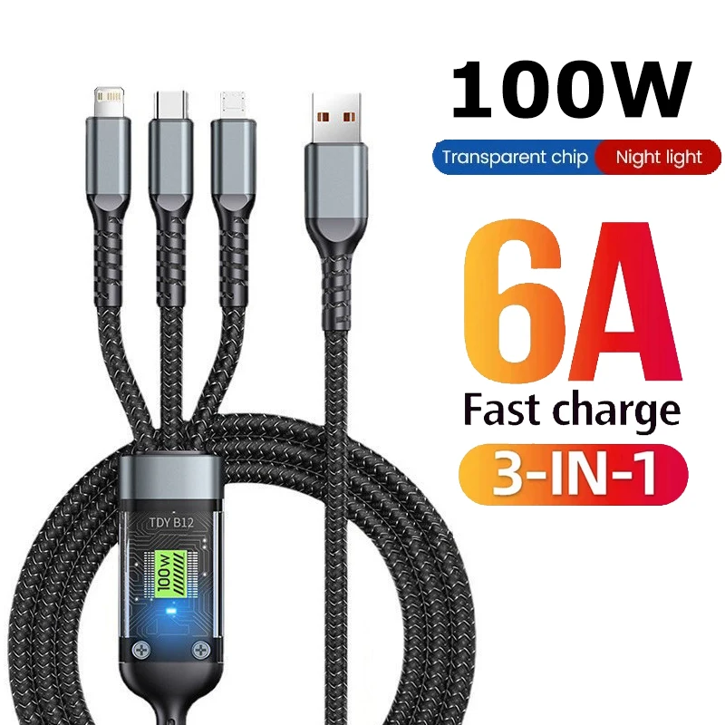 3 в 1, USB-кабель для быстрой зарядки, 100 Вт