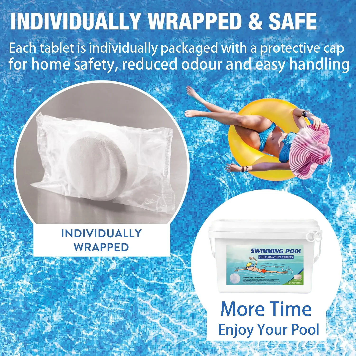 Stabilised 3 Inch Chlorine Tablets for Pool Disinfection-Individually Wrapped, Slow Dissolving-90% Usable Chlorine 40 lb D