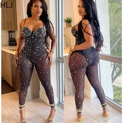HLJ Sexy Mesh Perspective Rhinestone Bodycon Jumpsuits Women V Neck Sleeveless Slim Playsuits Fashion Party Nightclub Overalls