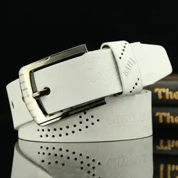 Men's Luxury Leather Belt with Classic Buckle and Vintage Letter Design (White)