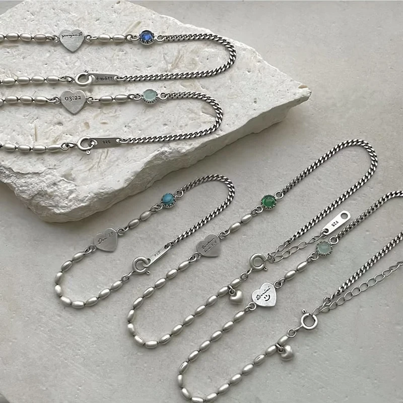 Neues 925er Silber, mattes Retro-Silber, Naturstein-Schnur, eingelegtes Vintage-Armband für Frauen und Mädchen, eleganter, zarter, feiner Schmuck, Geschenk – Detail 5