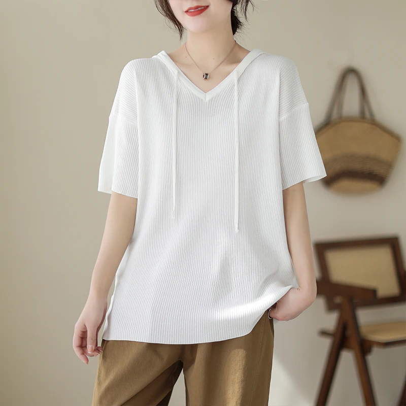 

Summer V-neck Fashion Short Sleeve T-Shirts Women High Street Casual Loose Knitting Hoodies Drawstring All-match Elegant Tops