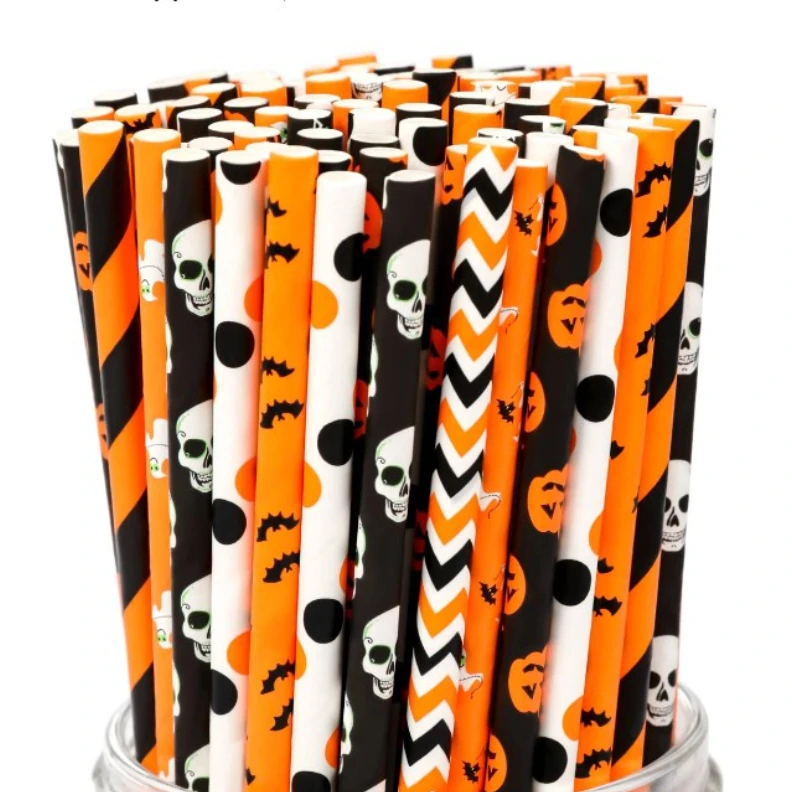 25/100 Stück Papierstrohhalme für Halloween-Partys, biologisch abbaubare Fledermaus-Kürbis-Spinnenstrohhalme für gruselige Halloween-Party-Halloween-Dekoration – Detail 4