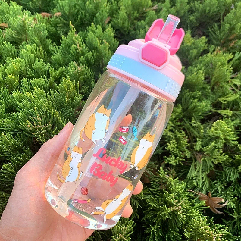 480ml Lucky Cat Water Bottle with Straw Japanese Cute Kawaii Cup for Kids Girls Double Wall Drinking Cup for Gifts