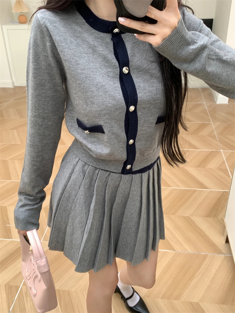 Korean Fashion Knitted Two-piece Skirt Set Women Single Breasted O-neck Top Pleated Mini Skirt Autumn Elegant Outfits Knitwear