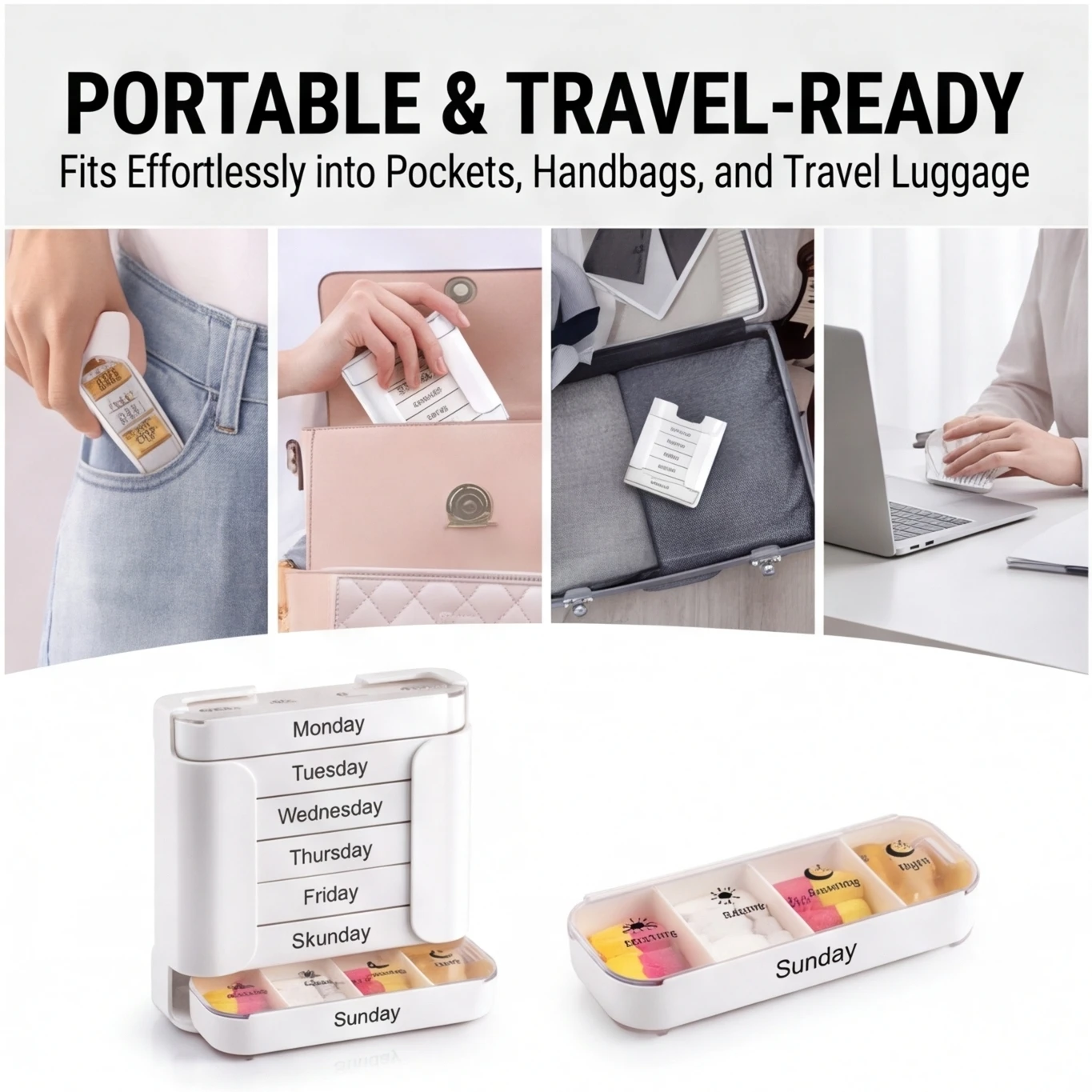 Portable 7-Day Pill Organizer with 28 Compartments