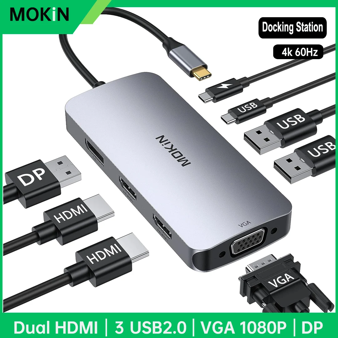 

Док-станция MOKiN 4K 60 Гц USB C Hub с 2 HDMI PD100W зарядным адаптером мультимониторов для Dell/HP/Lenovo аксессуары для ноутбуков