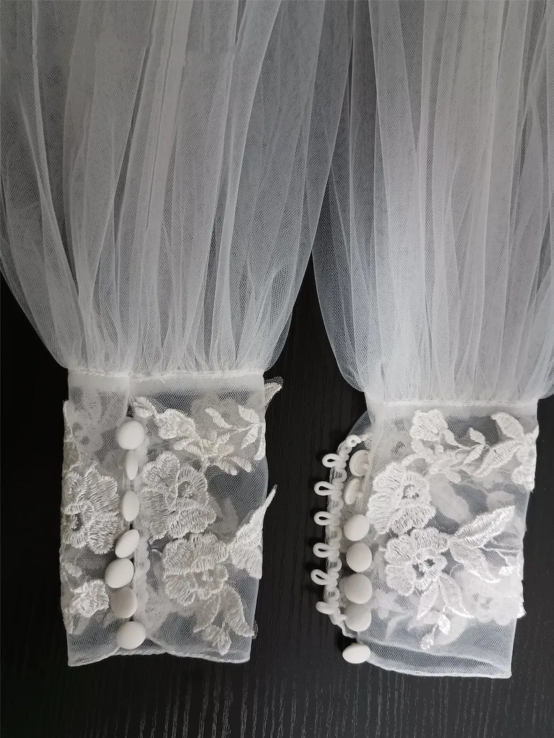 Wedding Sleeves Gloves Lace Applique Removable Tulle Puffy Long