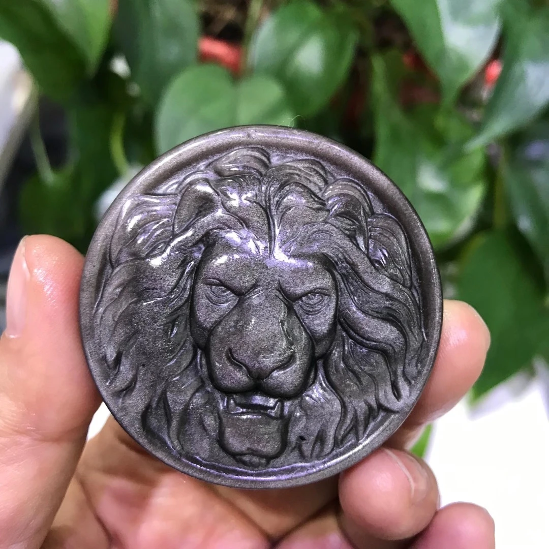 

5cm Natural Silver Obsidian Lion Head Crystal Craft Healing Gemstones For Home Decoration Children Gift 1pcs