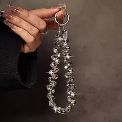 Luxury Sparkling Diamond Crystal Bead Wrist Strap - Portable Phone Charm Clip (Grey)