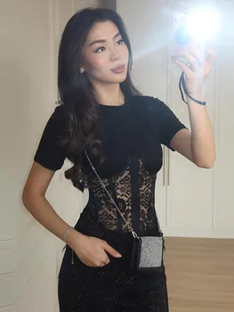Fashion Floral Lace Fish-bone Patchwork Shirts For Women 2026 Spring New Chic Short Sleeve O-neck Blouse Lady Street Y2K Tops 1
