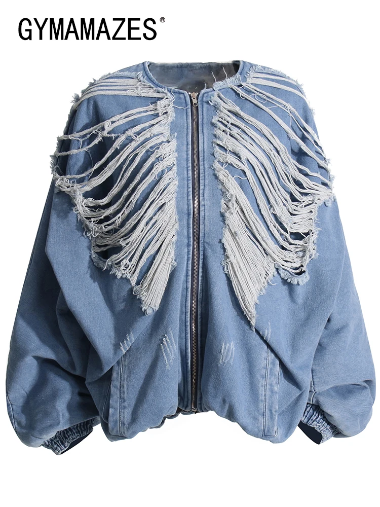 

GYMAMAZES Colorblock Patchwork Pocket Denim Coat For Women Round Neck Long Sleeve Spliced Zipper Chic Coats Female Fashion New