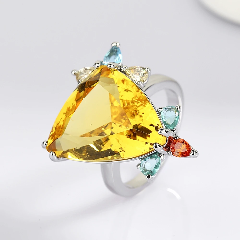 Trendy Ring Pave Big Triangle Yellow Cubic zircon Thick Silver Plating Brass Metal Pretty Fashion Jewelry For Women
