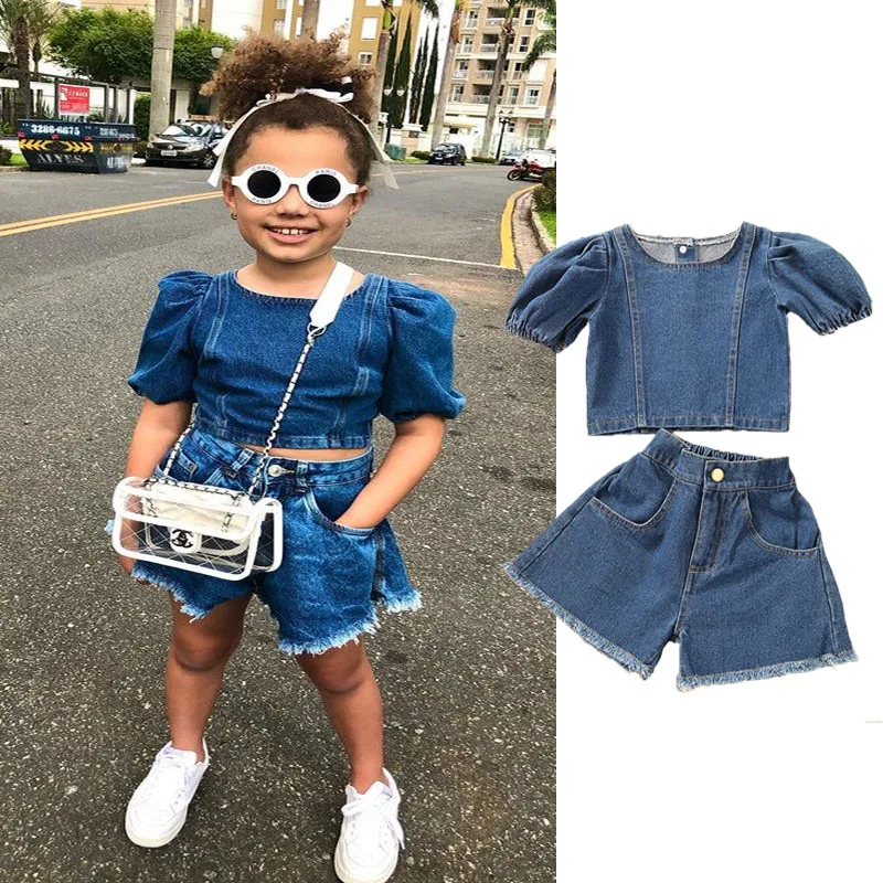 

2023 Summer Toddler Girls 2 piece Sets Clothes Denim Tops+Shorts Tracksuits Washed Blue Street Style Gothic Acubi Children Sets