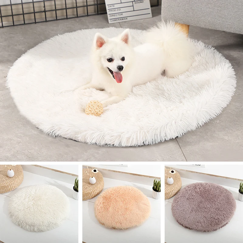 Round Cat Bed Puppy Soft Plush Bed House Kennel Pet Mats Soft Long Plush Mat Pet Warm Basket Cushion Machine Wash Kennel