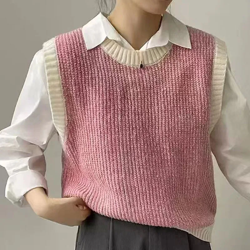 

Модный свитер без рукавов, Женский Осенний пуловер с круглым вырезом, повседневный вязаный свитер, жилет, женский зимний Свободный жилет в стиле пэчворк, 28942