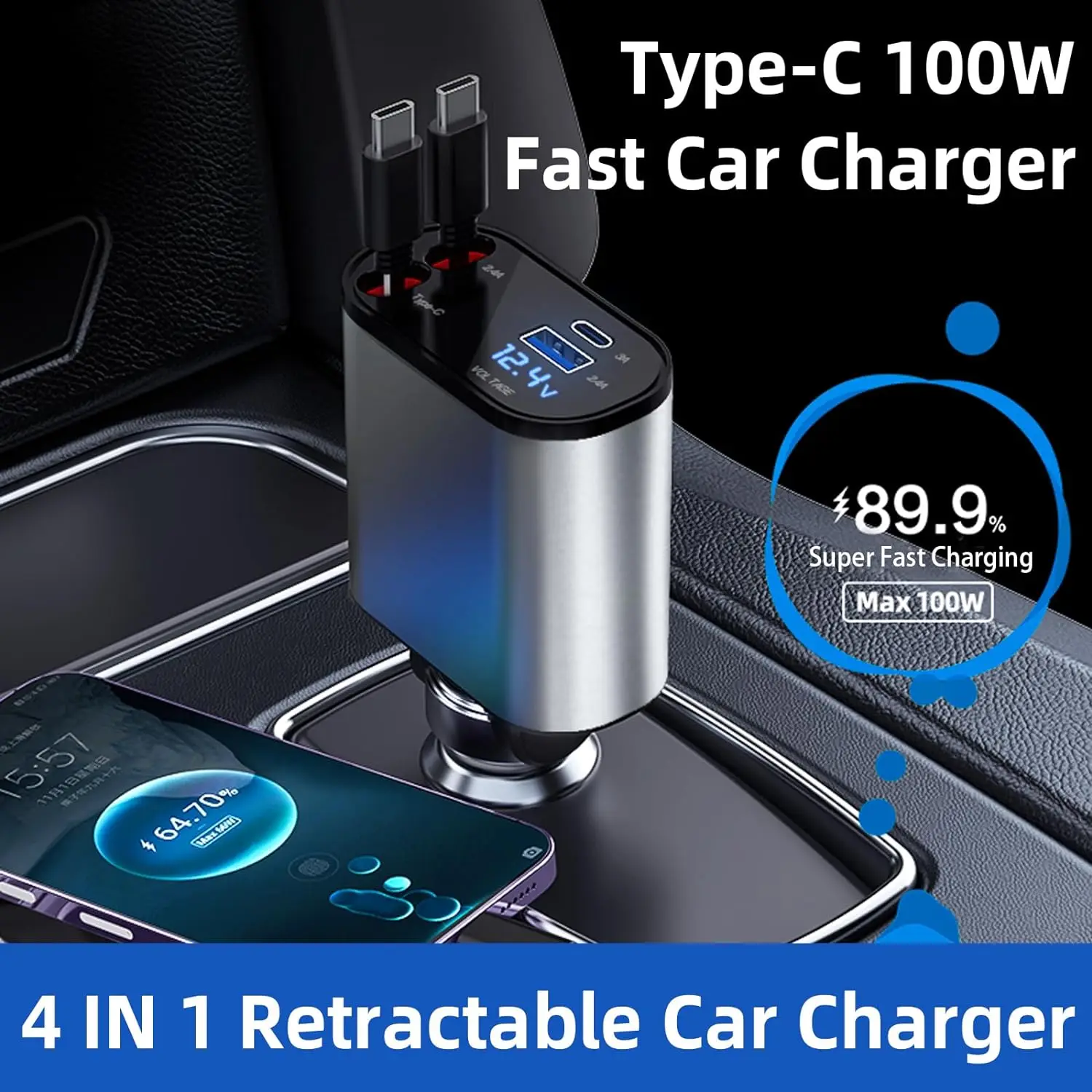 

Выдвижное автомобильное зарядное устройство 4 в 1, 100 Вт, кабель USB Type-C для IPhone, Samsung, Xiaomi, USB C, шнур для быстрой зарядки, адаптер для прикуривателя