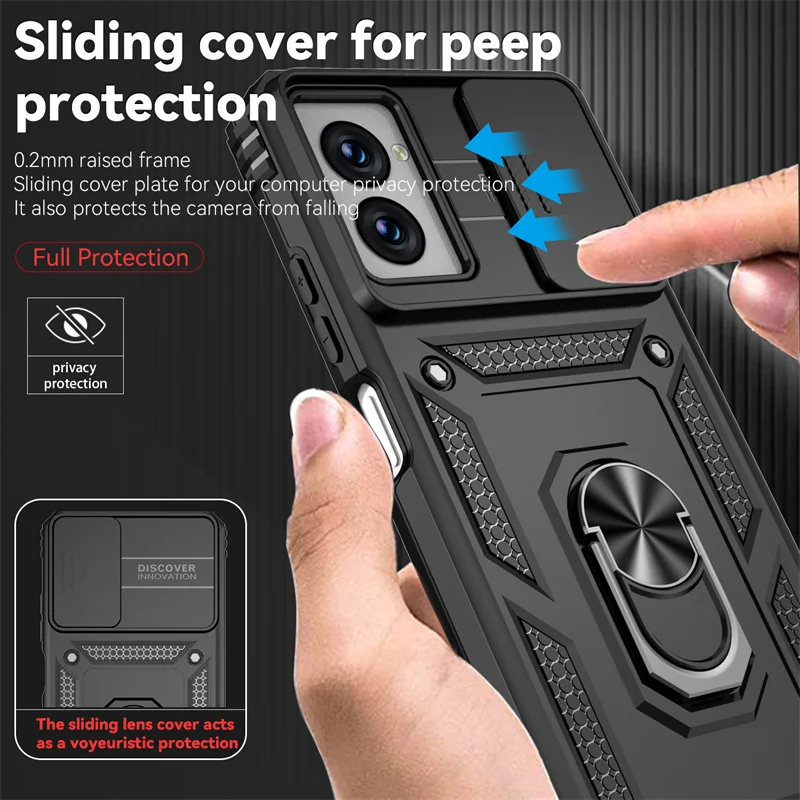 Shockproof Armor Phone Case with Magnetic Ring Holder and Slide Lens Protector