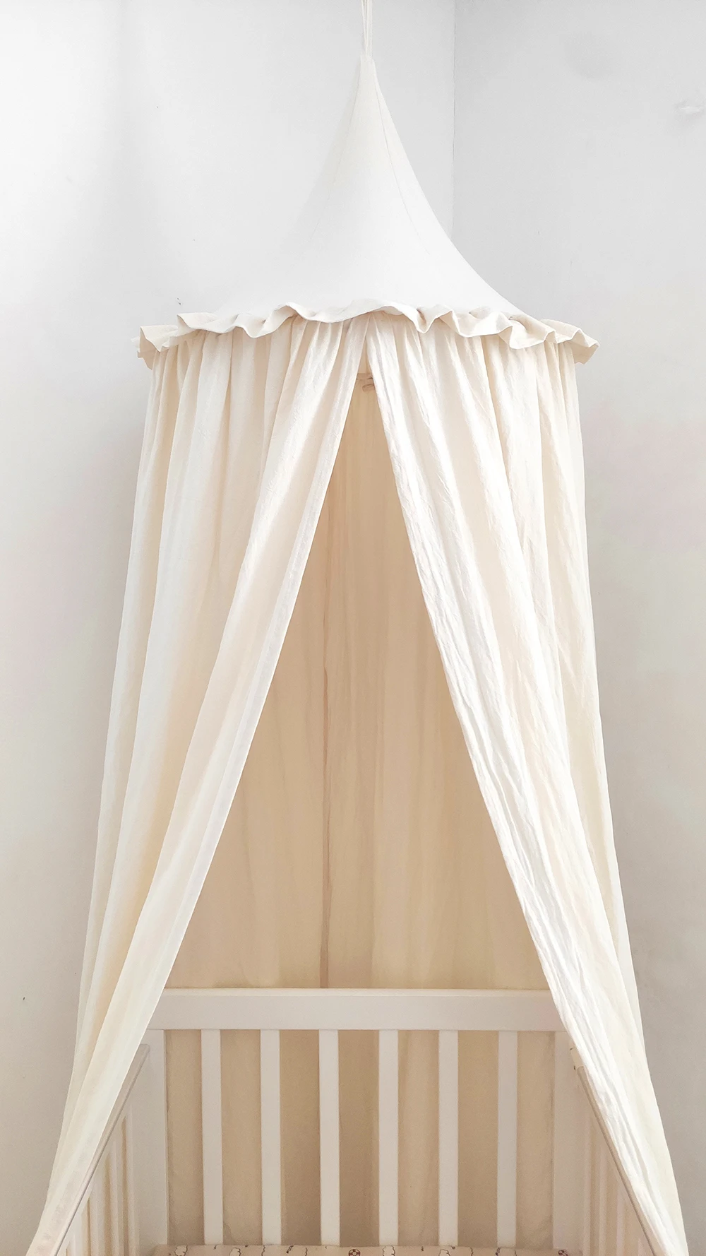 Kids Bed Canopy with Frills Cotton Cover Net for Baby Crib Reading Nook Curtain Hideaway Hanging Round Tent Nursery Room Decor 2