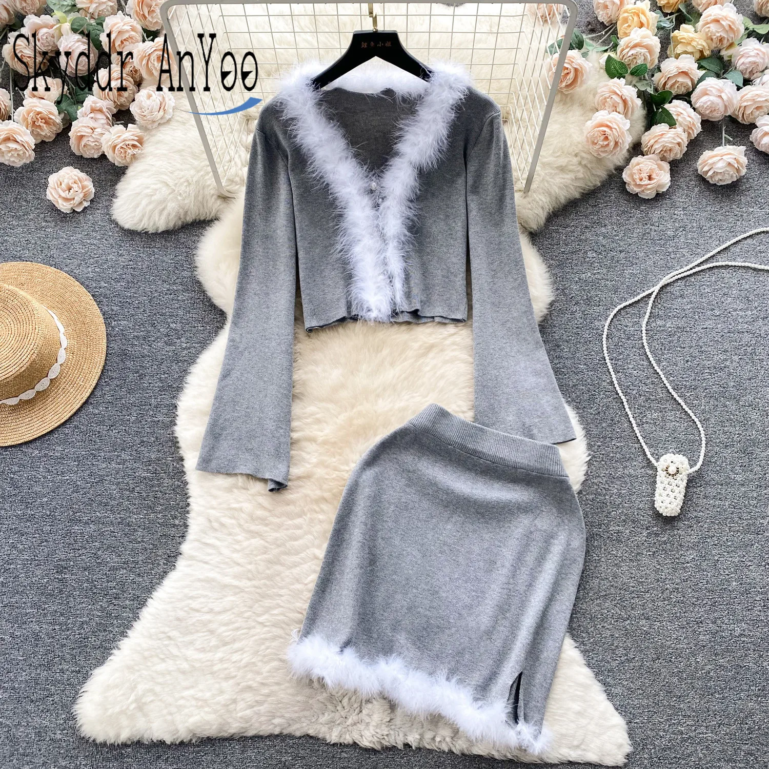 

Autumn Winter Fashion Knitted Sets For Women 2 Pieces Long Sleeve Furry V-Neck Cardigan And Mini Bodycon Skirts Elegant Suits