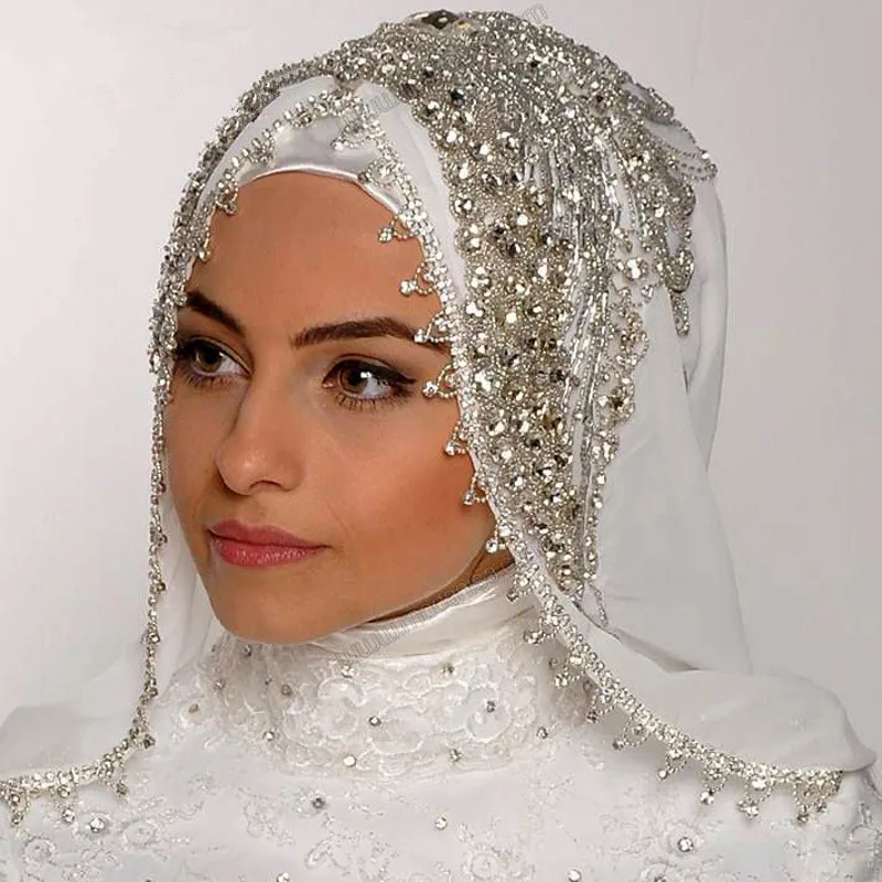 Muslim Long Veils Hijab Luxury Beads Crystal Bridal Veils One Layer Custom Made Fashion Wedding Accessories Velos De Novia