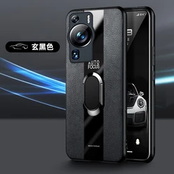 Luxurious Magnetic PU Leather Case with Ring Holder - Shockproof Bumper for Huawei P60 Art (Black)