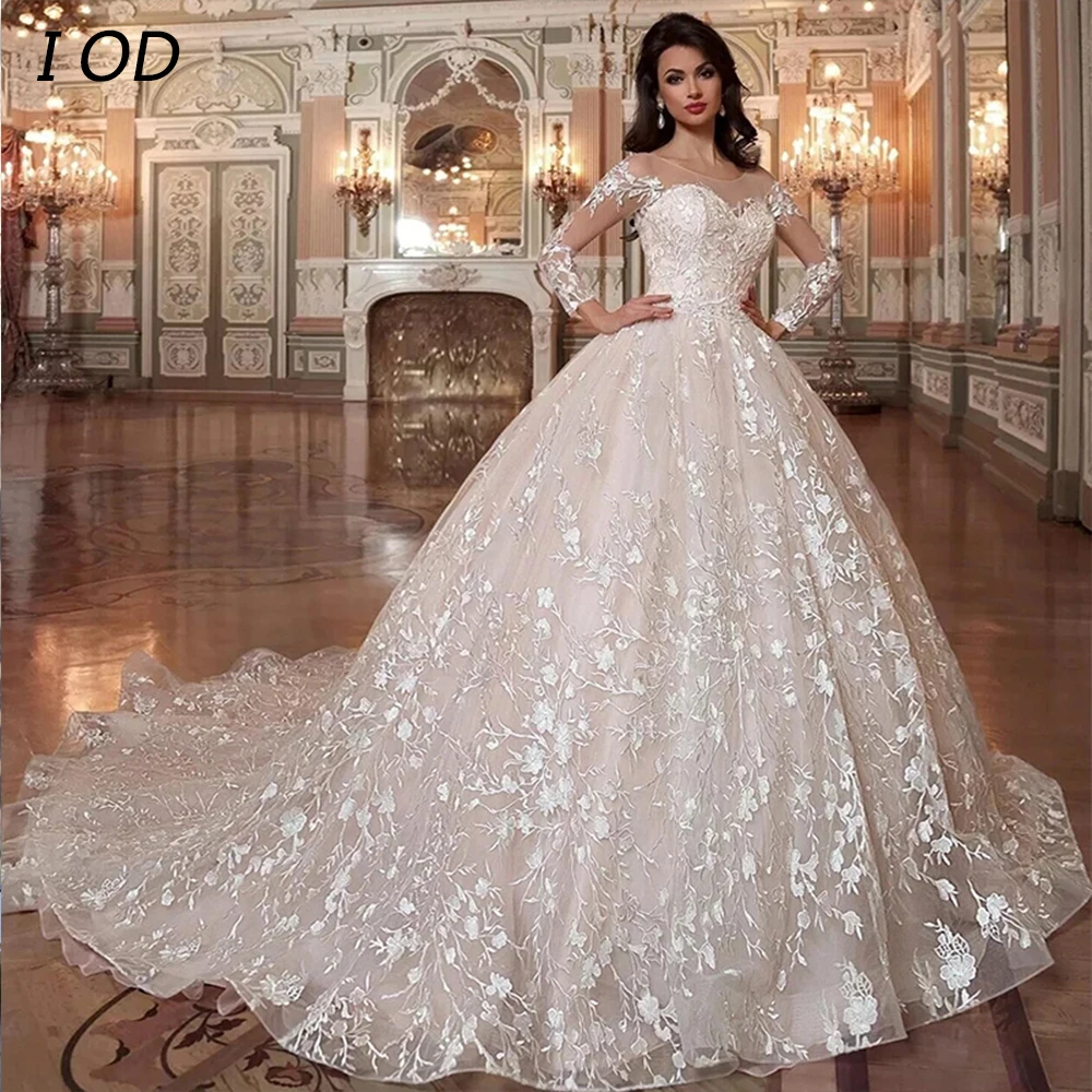 

I OD Luxury O-Neck Wedding Dress Long Sleeves Applique Crystal Backless Lace Up Bridal Ball Gown Floor Length Vestidos De Novia