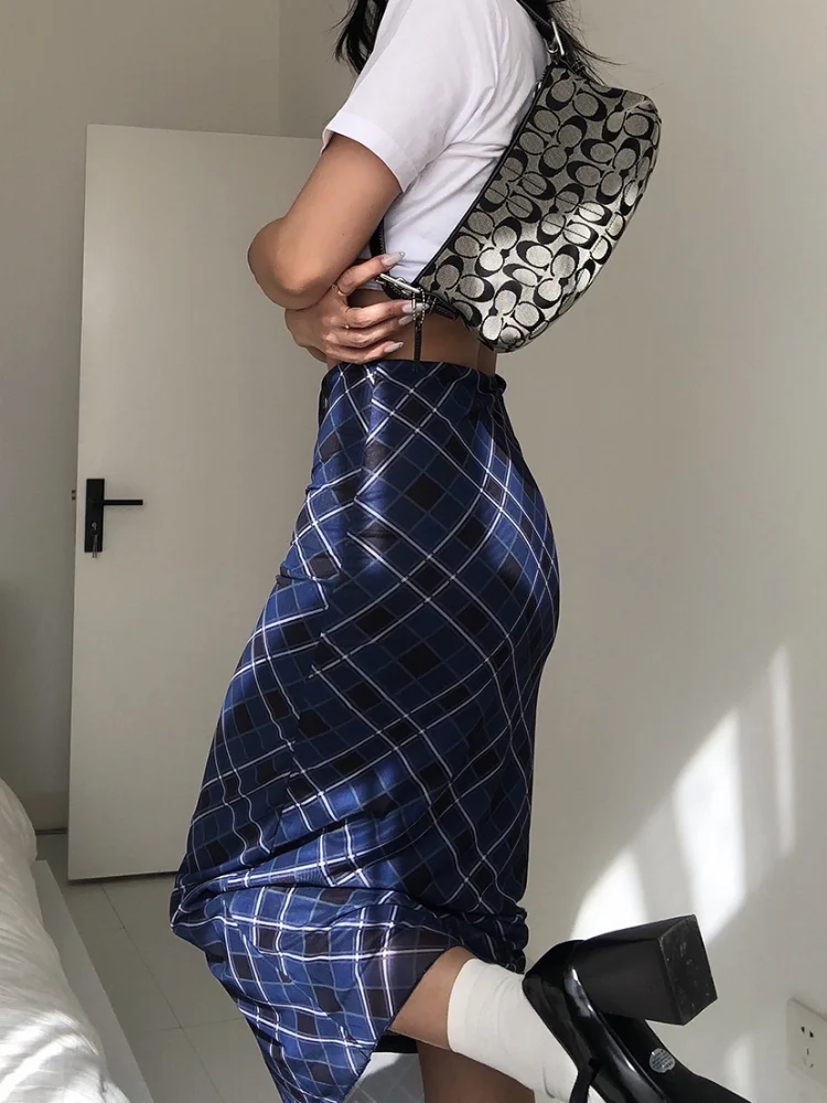 HOUZHOU Vintage Y2k Long Skirt Women Plaid Low Waist Slim Mesh Patchwork Straight Midi Skirt Casual Preppy Style Streetwear