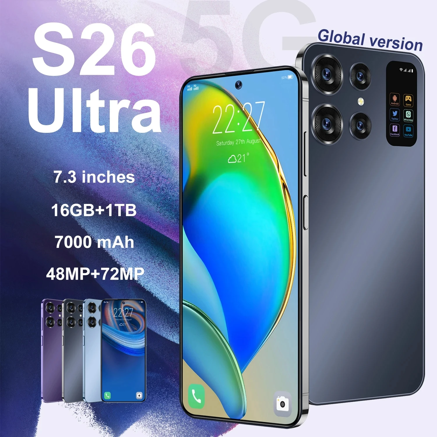 S26 Ultra-teléfono inteligente 5G,Android 13, dispositivo de 7,0 pulgadas, 16 GB + 1T, Dual SIM,  48MP + 72MP, 7000mAh,  Global,
